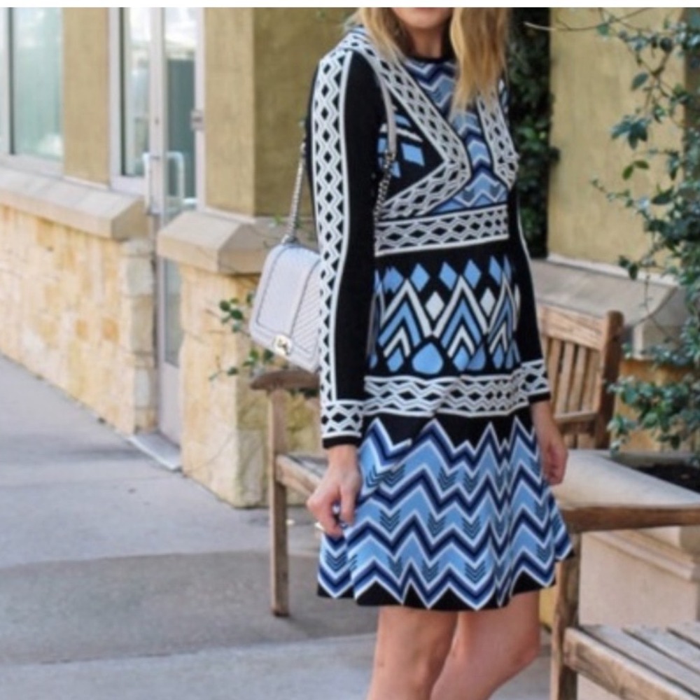 Eliza J Geometric Chevron Long Sleeve Knit Fit and Flare Dress Large